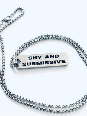 Unisex Silver Tone 'Shy and Submissive' Engraved Bar Necklace, NWT